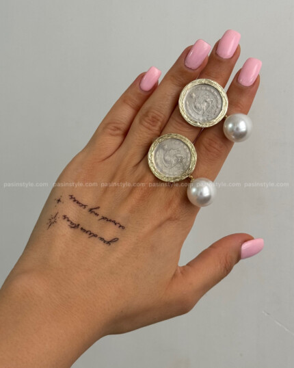 گوشواره سکه دوریالی شیر و خورشید مرواریدی