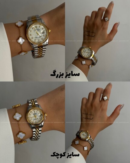 ست ساعت رولکس بند دو رنگ صفحه سفید صدفی