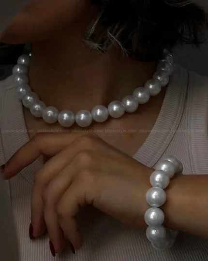 ست دستبند و گردنبند مرواریدی درشت ترند